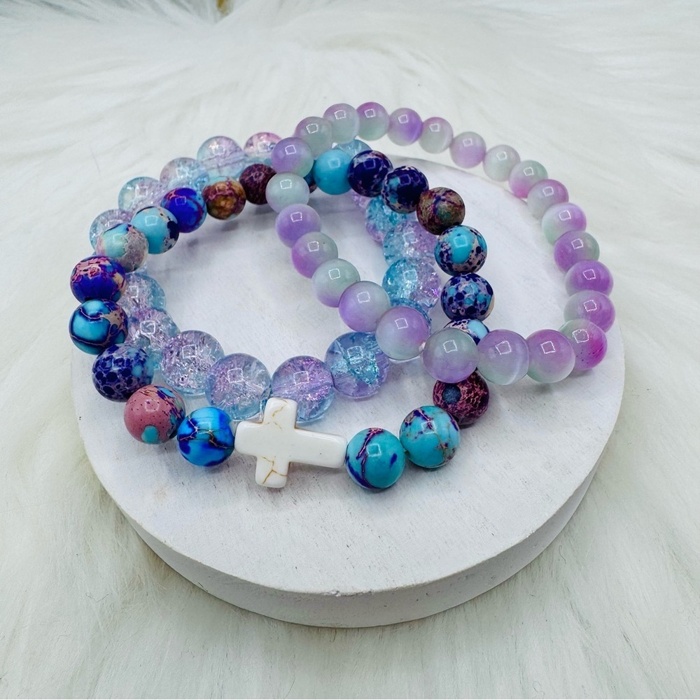 Colorful Beaded Bracelets Set with Cross Charm